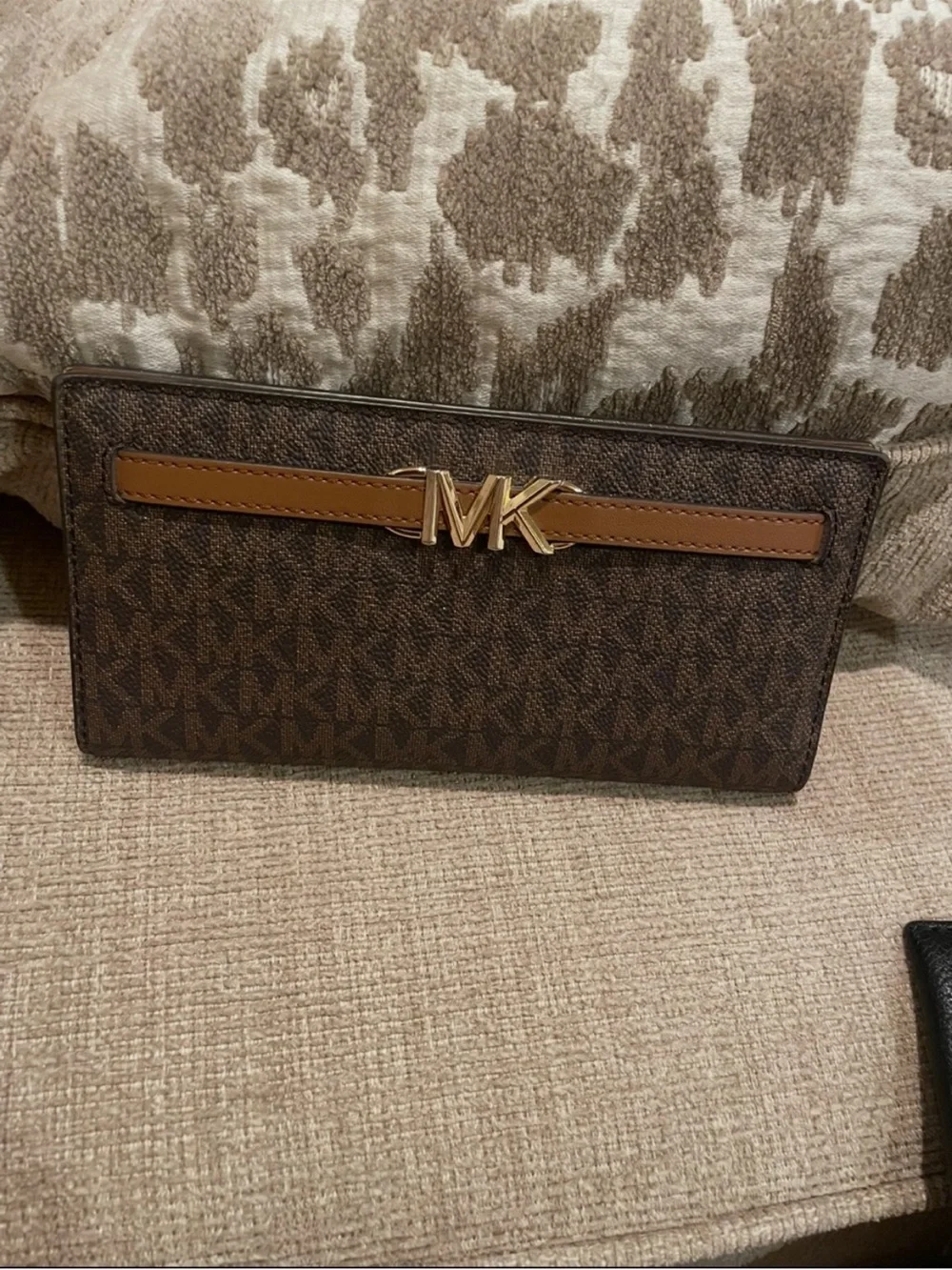 Michael Kors Brown MK Logo Continental Wallet with Tan Trim